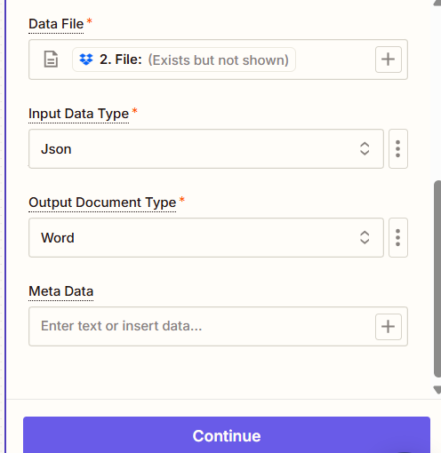 Cliquez pour agrandir L'action « Générer un document » de PDF4me définit le format de sortie sur PDF et le nom du document est configuré dynamiquement.